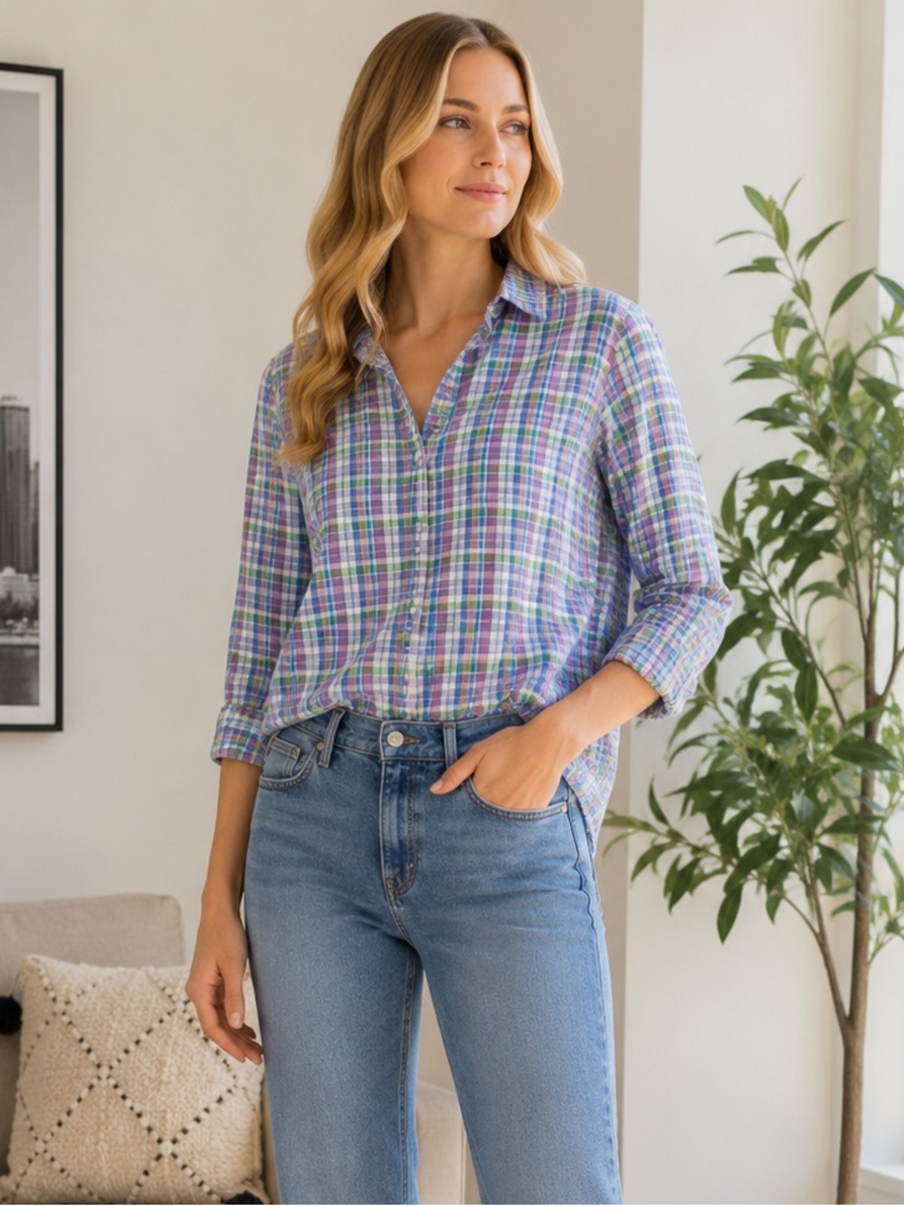 Frank & Eileen Barry Plaid Crispy Cotton Collared Button Down Blouse Size Small‎